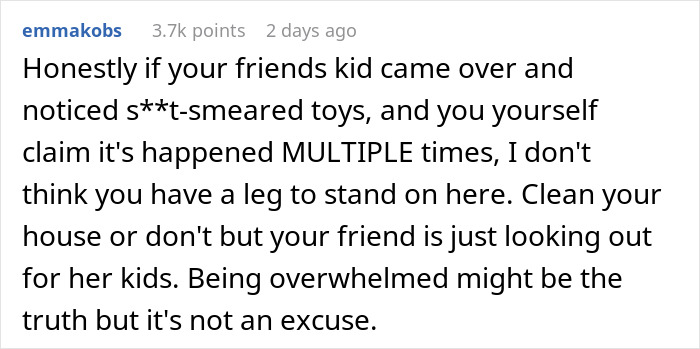 Screenshot of a social media comment discussing an exhausted mom shamed by bestie for not having a spotless house.