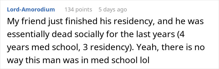 Screenshot of a forum post doubting a man's claim about attending medical school and completing residency.
