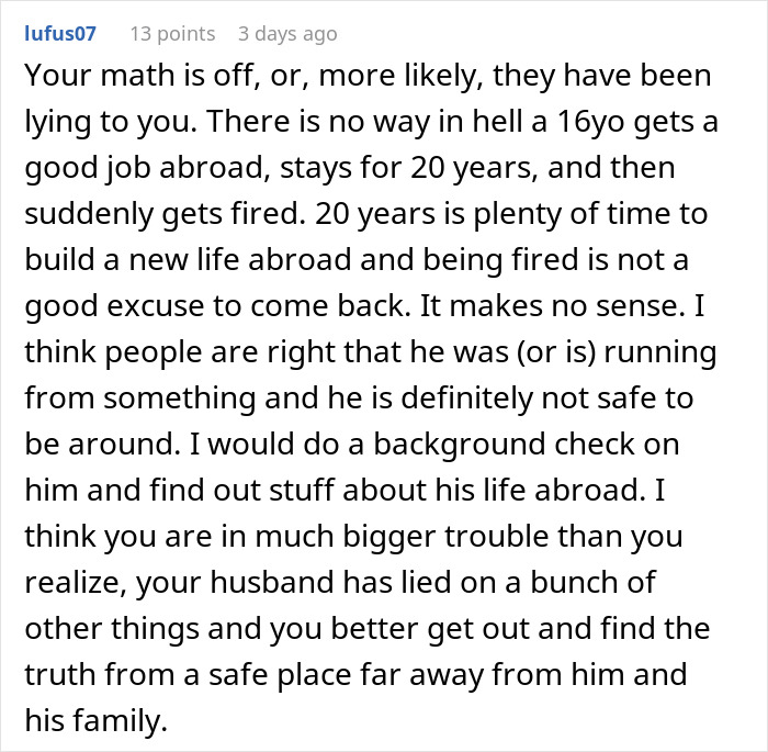 Comment warning about creepy BIL and family siding, leading wife to remove wedding ring and question the relationship.