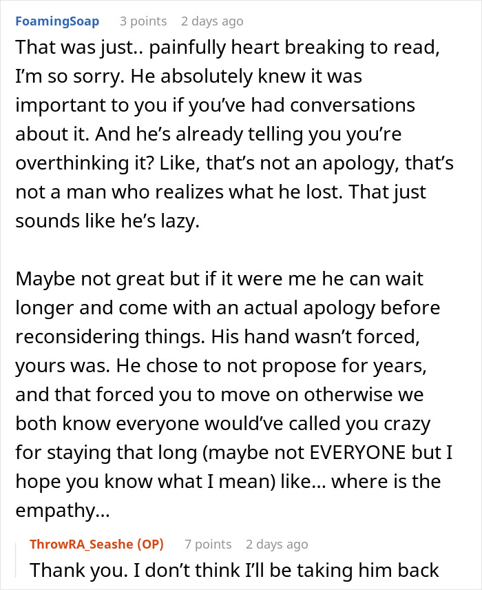 Screenshot of an online discussion about a man proposing two months after his girlfriend dumped him and showing his true colors.