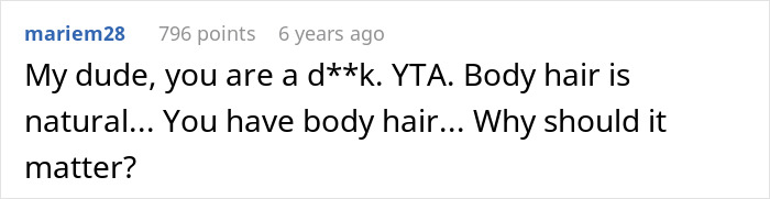 Comment from user mariem28 discussing body hair as natural amid conversation about shaving and beauty routines.