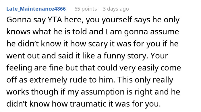 Reddit comment discussing how a woman&rsquo;s response made her brother feel like she hates him after he thanks her for delivering him.