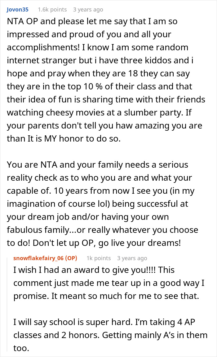 Reddit comment thread showing support for a paralyzed woman refusing to babysit despite family pressure.