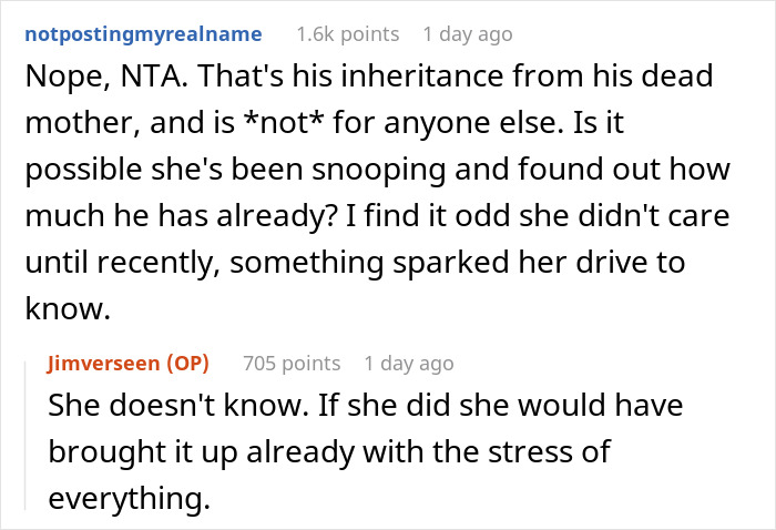 Reddit discussion about wife throwing tantrum over husband not revealing stepson's inheritance from late mother.