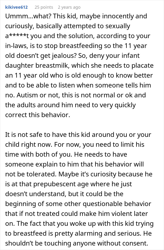Comment discussing concerning behavior of 11-year-old stepsister and parents refusing to get help for the situation.