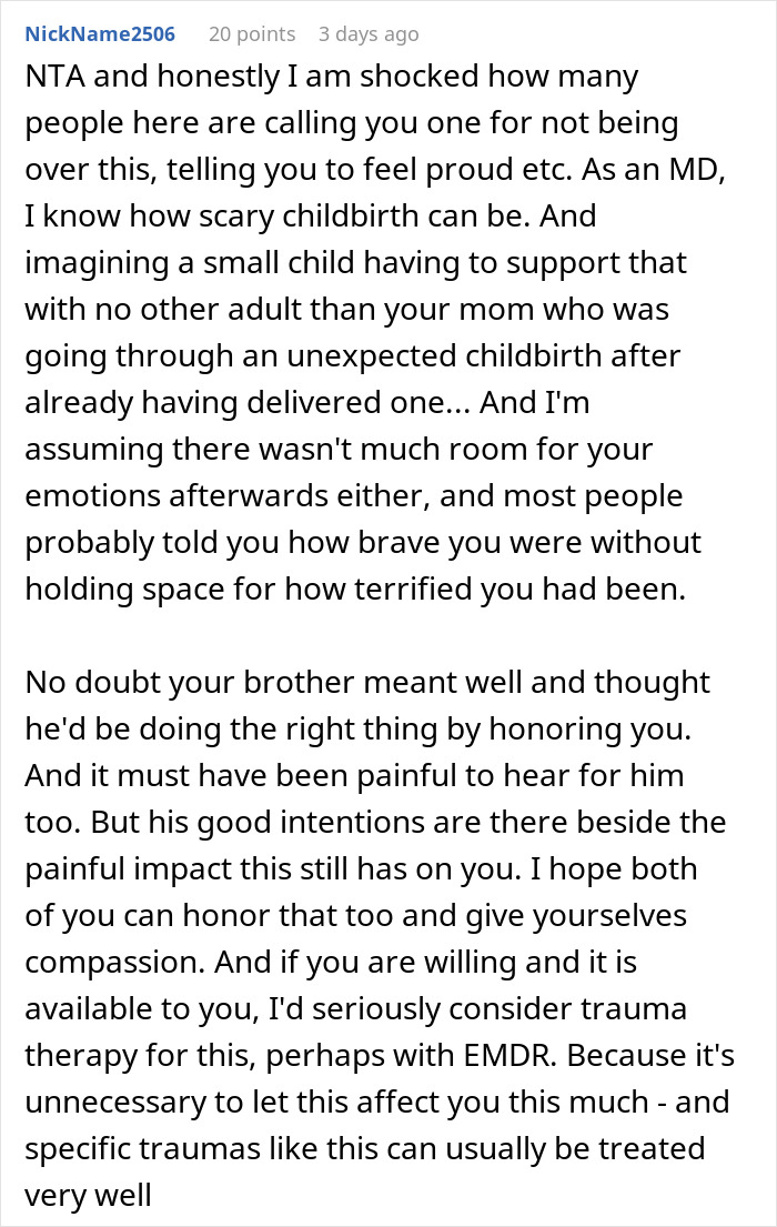 Reddit comment discussing childbirth trauma and the complex feelings a woman has toward her brother after delivery.