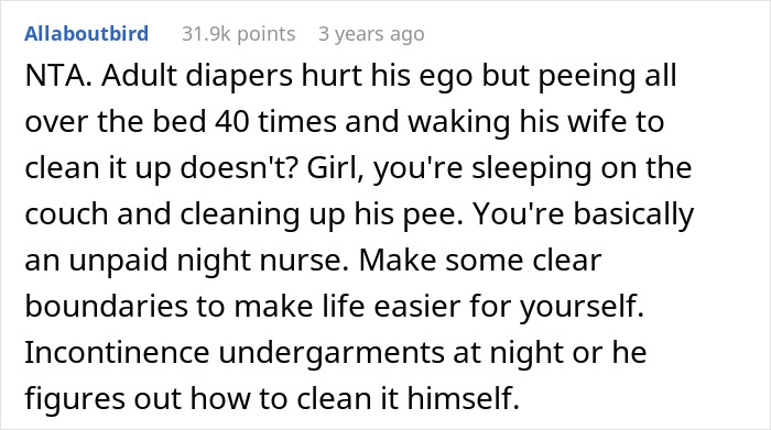Comment discussing wife cleaning bed 40+ times and setting boundaries as husband refuses adult diapers or catheter.