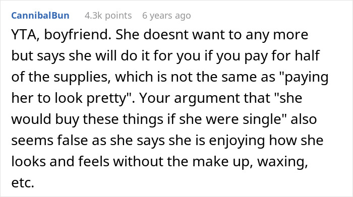 Reddit comment discussing boyfriend regretting mocking girlfriend&rsquo;s long beauty routine involving shaving and makeup.