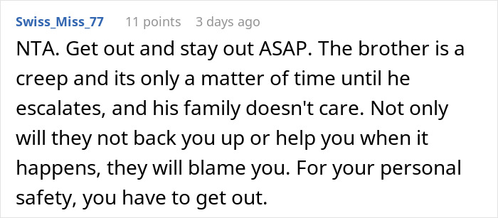 Comment warning about creepy brother-in-law and urging wife to leave, reflecting relationship troubles and family conflicts.