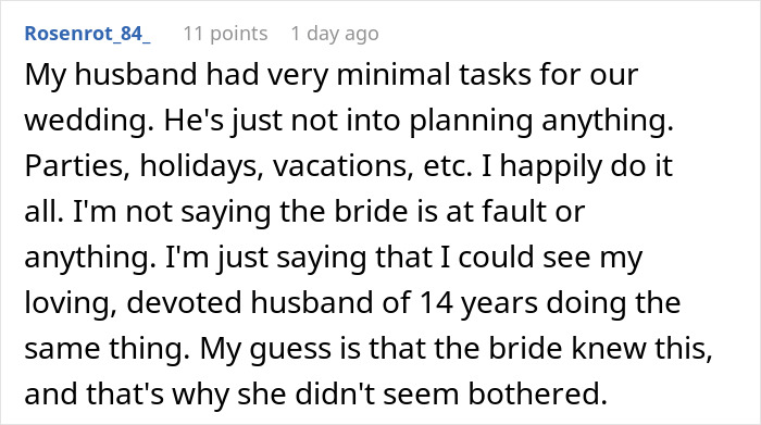 Reddit comment discussing disappointment in groom and frustration over bride at a controversial Halloween wedding.