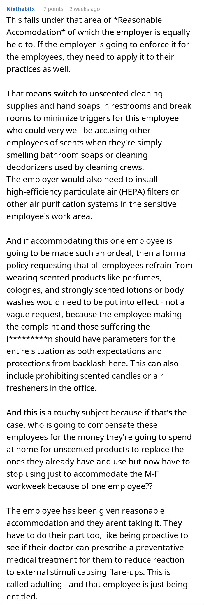 Comment discussing workplace perfume bans and accommodations for employees with allergies and ongoing complaints.