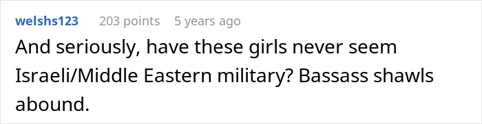 Screenshot of a Reddit comment discussing girls' reactions to guys buying shawls and mentioning Israeli Middle Eastern military style.