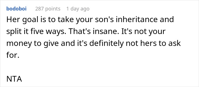 Screenshot of a social media comment discussing a wife throwing a tantrum over stepson's inheritance details.