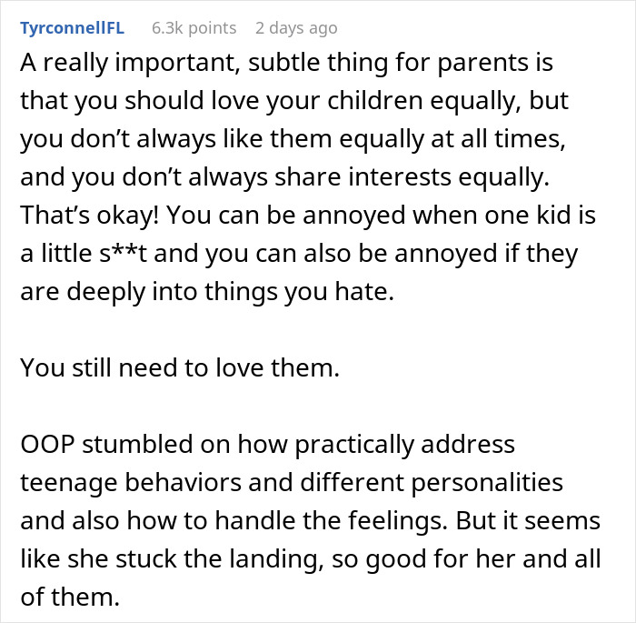 Text post discussing challenges of liking one child more than the other and the struggle to love all children equally.