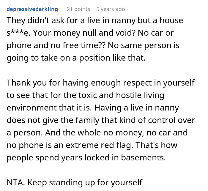 Comment discussing toxic live-in nanny job offers, highlighting extreme demands and lack of freedom as major red flags.