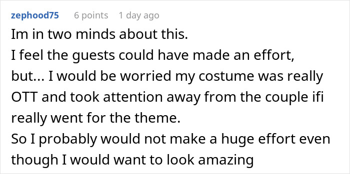 Comment expressing mixed feelings about guests' costume efforts at a Halloween wedding, concerned about attention taken from the couple.