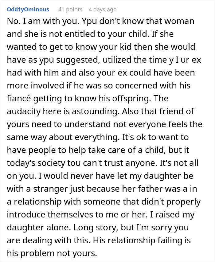 Comment discussing challenges of stepfamily trust and a woman tired of being treated as stranger danger to her future stepkid.