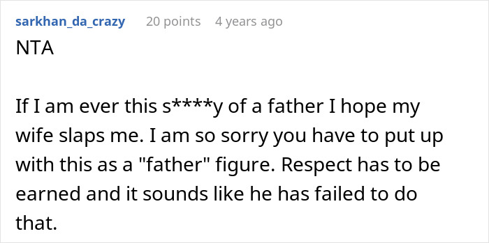 Comment expressing frustration with a father figure after a cake fail, highlighting respect and care issues from a teen.