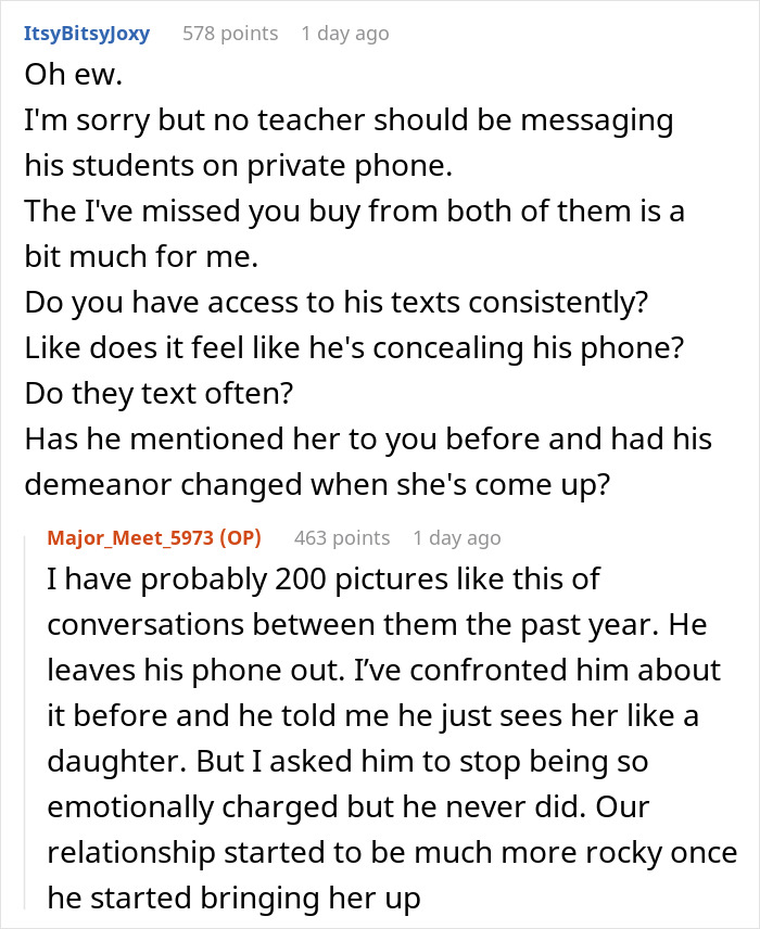 Reddit conversation discussing 43YO texting former student and partner sharing screenshots for judgment.