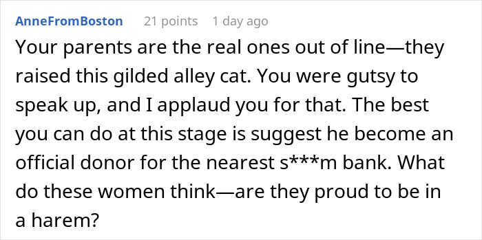 Comment from AnneFromBoston calling out brother for having 4 kids with 4 different women and criticizing family dynamics.