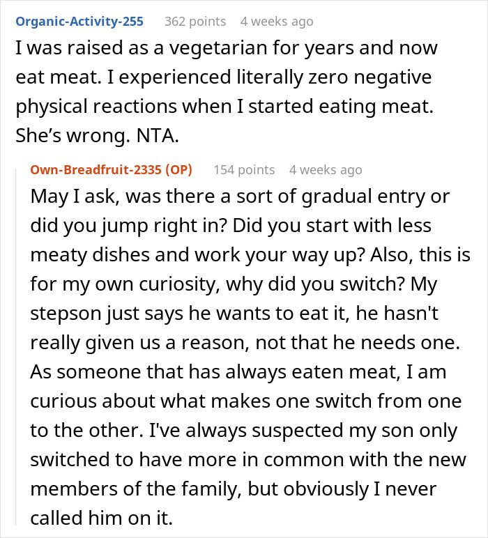 Comments discussing a man prepared to fight for stepson wanting to change diet despite mom's opposition.