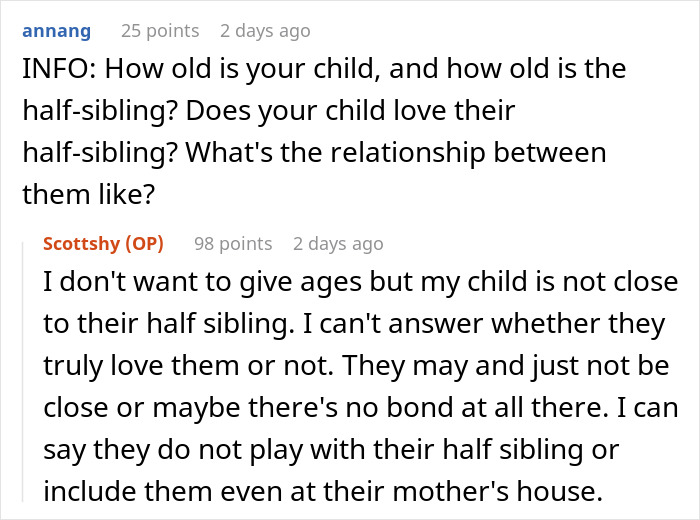 Screenshot of an online discussion where a user explains their child is not close to their half sibling after family changes.