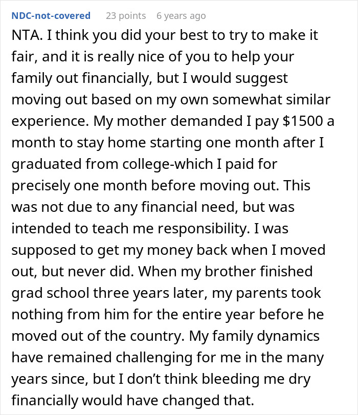 Screenshot of a Reddit comment discussing sibling refusing to keep paying rent after discovering sister lives rent free with parents.