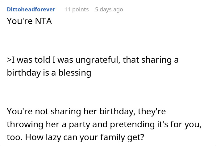 Screenshot of a Reddit comment discussing a 17-year-old venting about sharing a birthday with grandma causing family drama.