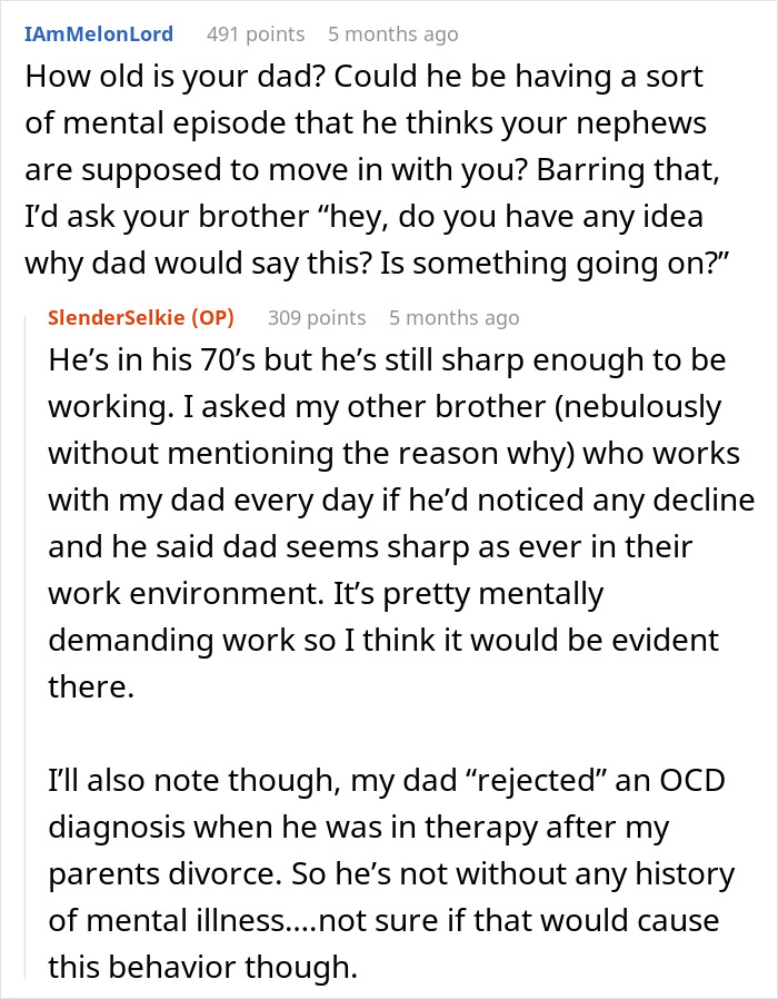 Screenshot of a Reddit conversation discussing a dad upset about daughter&rsquo;s home, raising concerns about his mental state.