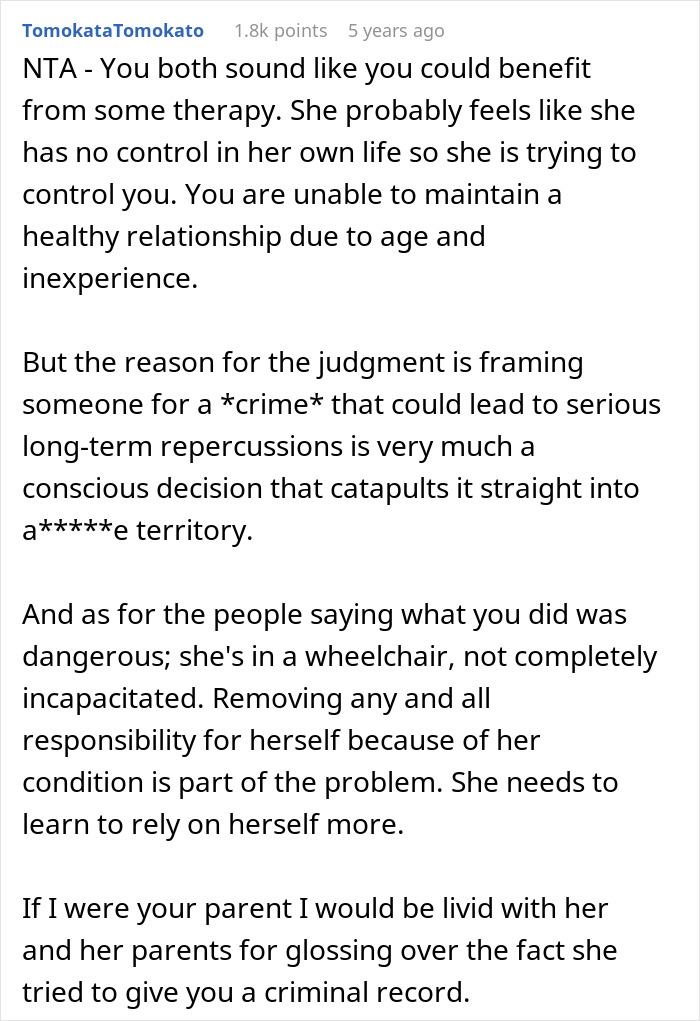 Comment discussing challenges in relationships involving a disabled teen and issues of control and responsibility.