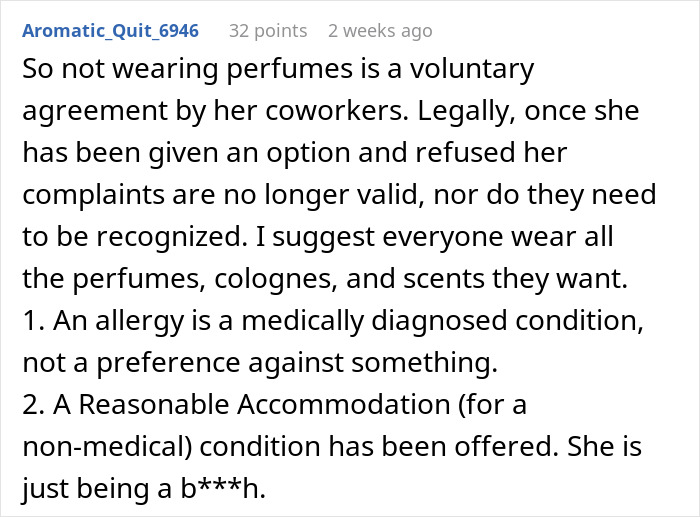 Comment discussing workplace bans on perfume due to employee allergies and ongoing complaints despite accommodations.