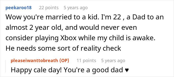 Screenshot of a Reddit conversation criticizing a manchild playing games while his son cries and his wife declares console trash day.