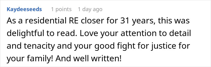 Comment praising a residential real estate closer for 31 years, highlighting attention to detail and fight for justice.
