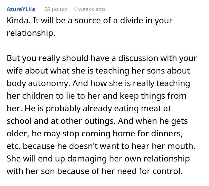 Comment discussing body autonomy and potential family conflicts over stepson's diet change with mom opposing.