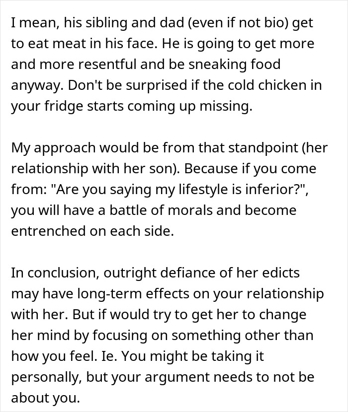 Man prepared to defend stepson&rsquo;s diet change against mom&rsquo;s opposition in a family kitchen setting.