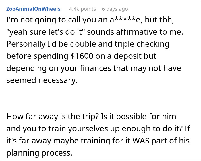 Alt text: Online discussion about man getting majorly hurt after wife asks to cancel surprise anniversary trip he planned. Alt text: Online discussion about man getting majorly hurt after wife asks to cancel surprise anniversary trip he planned.