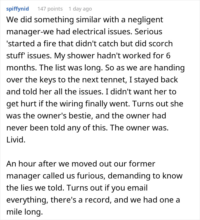 Comment detailing a tenant's experience with a negligent on-site landlord causing serious maintenance issues and rent doubling frustrations.