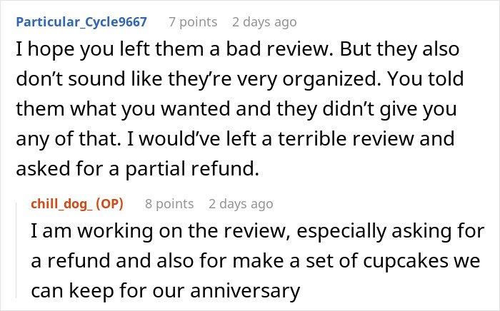Comments discussing wedding vendors and a bride's allergy causing issues with providing cupcakes and asking for a refund.
