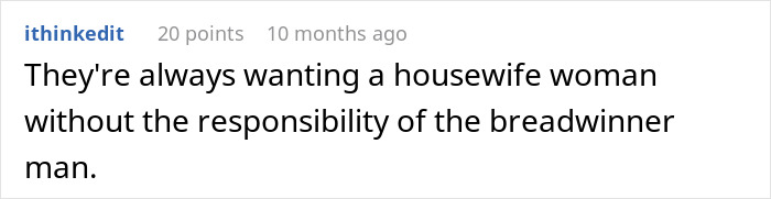 Comment about a woman called a gold digger for wanting fair chores while her boyfriend begs for rent money.