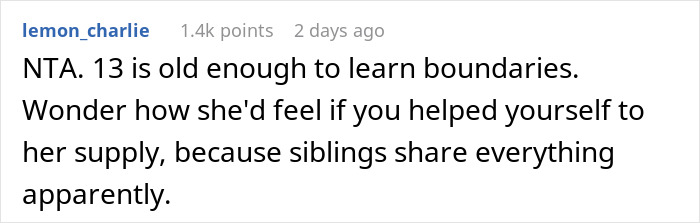 Screenshot of a forum comment discussing a 13-year-old learning boundaries after using stepsister's gifts without permission.