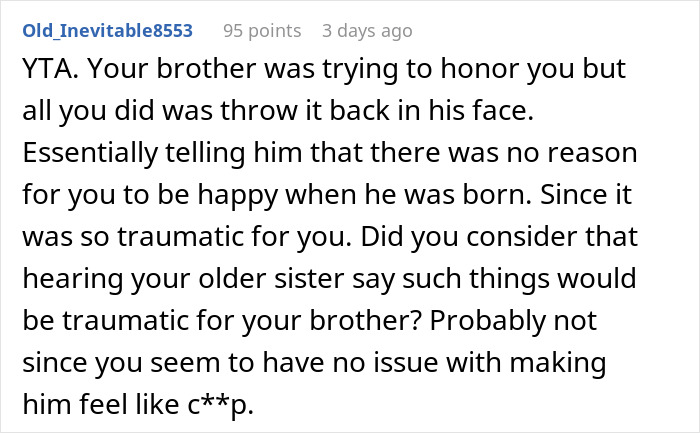 Screenshot of a Reddit comment criticizing a woman for making her brother feel hated after he thanks her for delivering him.