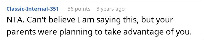 Comment highlighting parents kicking out daughter to move into her remodeled room, with the daughter taking everything away.