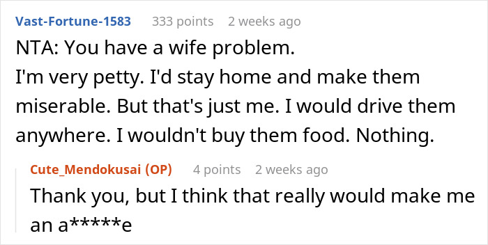 Reddit comment discussing a husband sick of hosting wife&rsquo;s distant relatives without thanks and refusing to do it again.