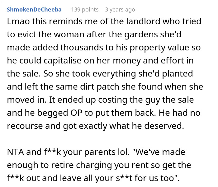 Reddit user shares story of parents kicking out daughter to take her remodeled room, resulting in her taking everything away.