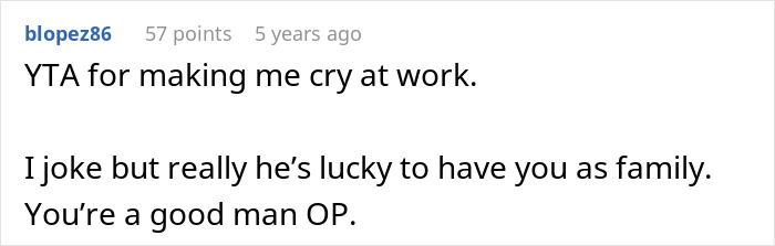 Screenshot of an online comment expressing sympathy to a guy wondering if he should tell his son the harsh truth about his real parents.