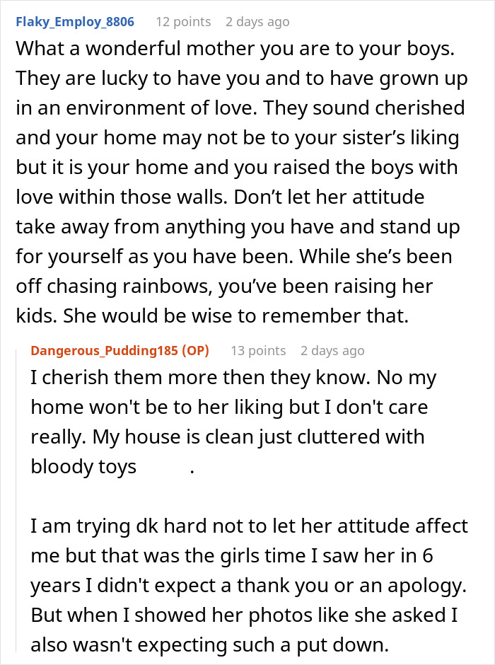 Reddit comments discussing a mom abandoning kids and her sister raising them with love and care.