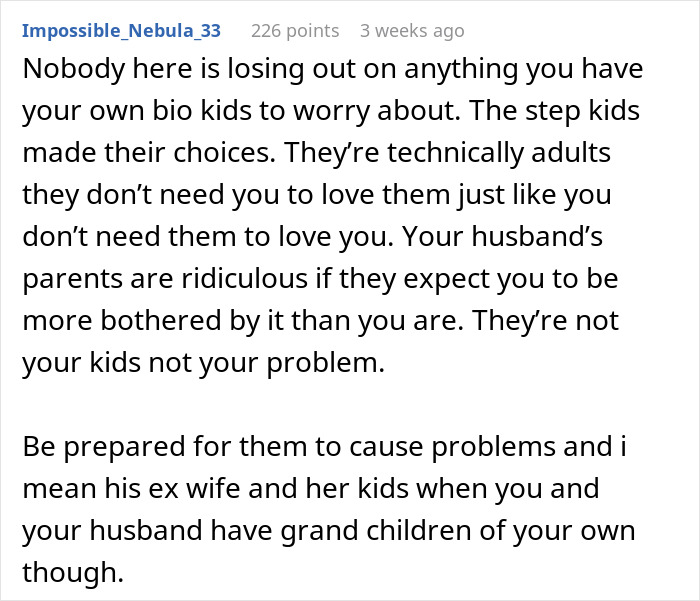 Comment discussing stepmom and step kids dealing with long-term resentment and family relationship challenges.