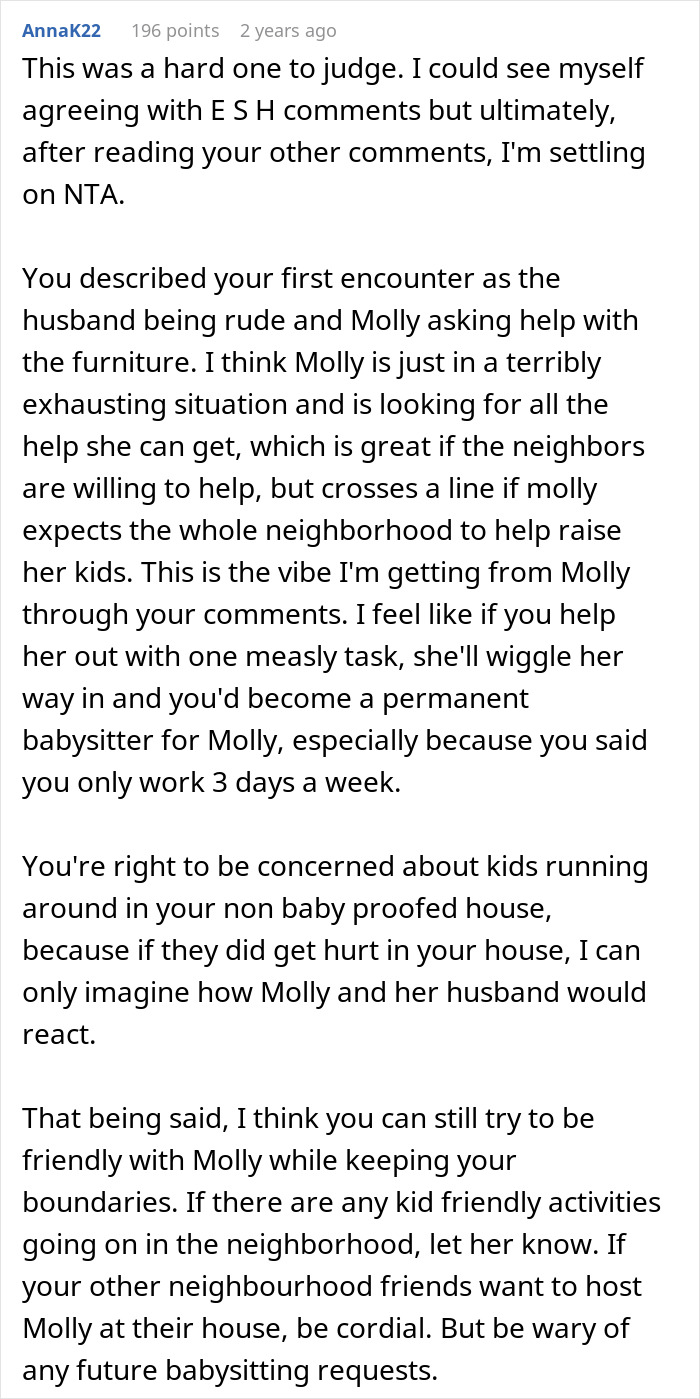 Commenter discussing a mom of 4 bringing kids to group activities and neighbors upset about it causing issues.