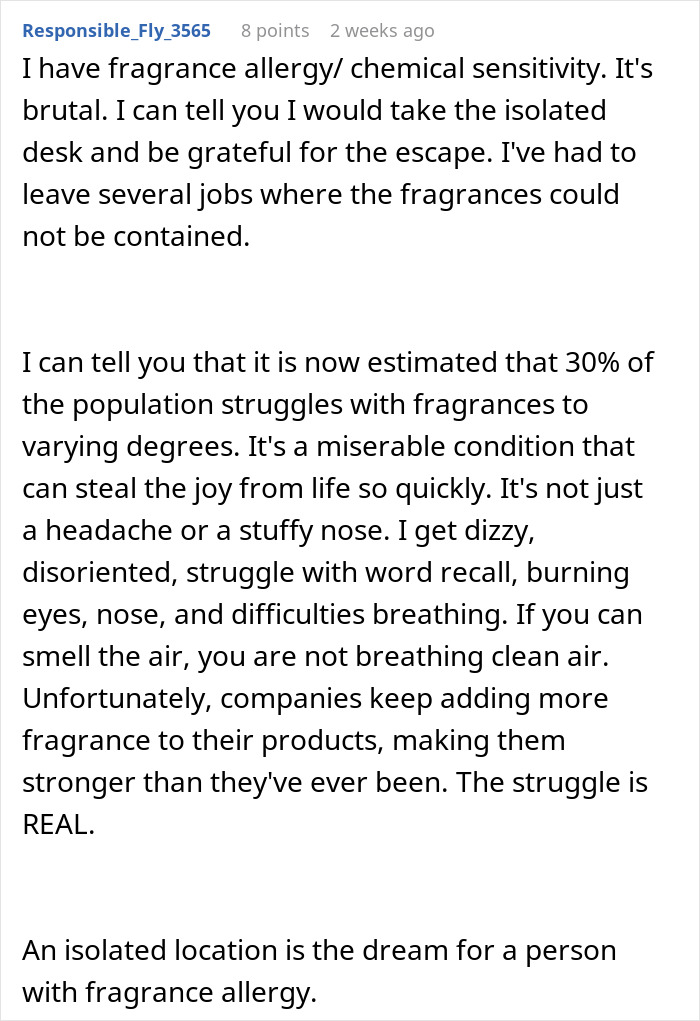 Comment discussing fragrance allergy symptoms and challenges faced by employees in workplaces with perfume restrictions.