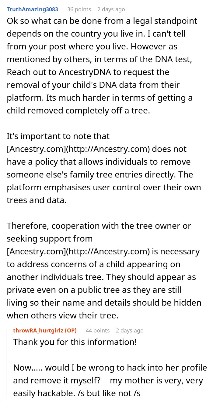 Reddit conversation discussing legal options and privacy concerns about ancestry tests and family tree data. Reddit conversation discussing legal options and privacy concerns about ancestry tests and family tree data.
